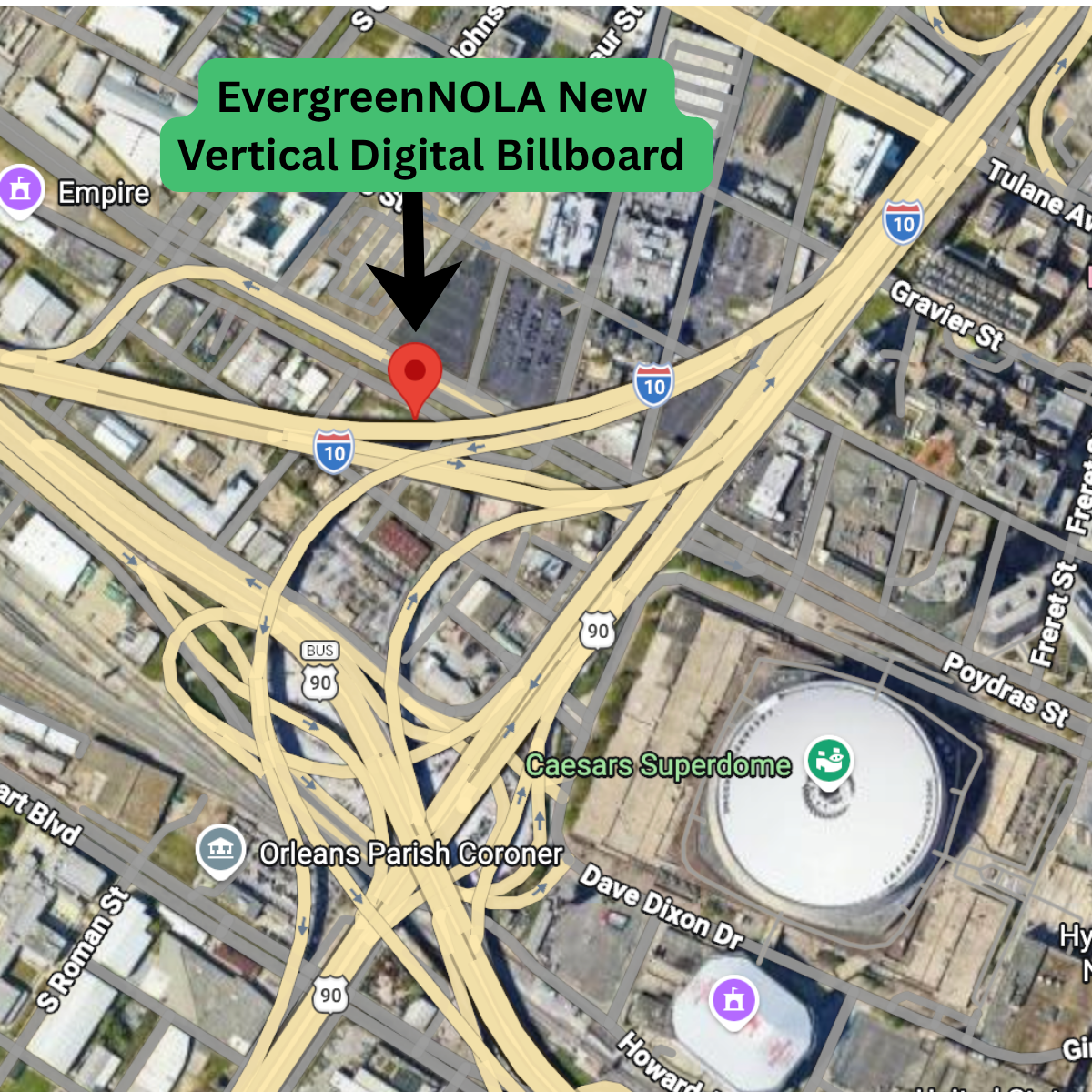 Aerial map marking the billboard location on Interstate 10 beside the Caesars Superdome